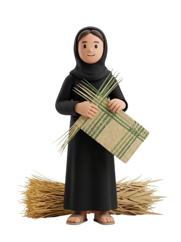 Full-body 3D character of a smiling female artisan wearing a black abaya and black hijab, standing and holding a partially woven palm mat with green pattern; she wears sandals and stands in front of a bundle of palm fronds on a plain dark isolated background.