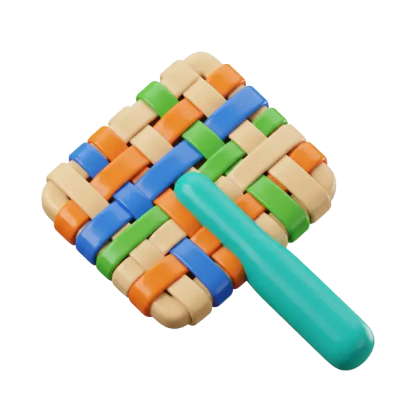3D render of a square woven palm mat/hand fan with interlaced beige, orange, blue and green glossy bands and a smooth teal rounded handle, plastic-like finish, isolated on a transparent background.