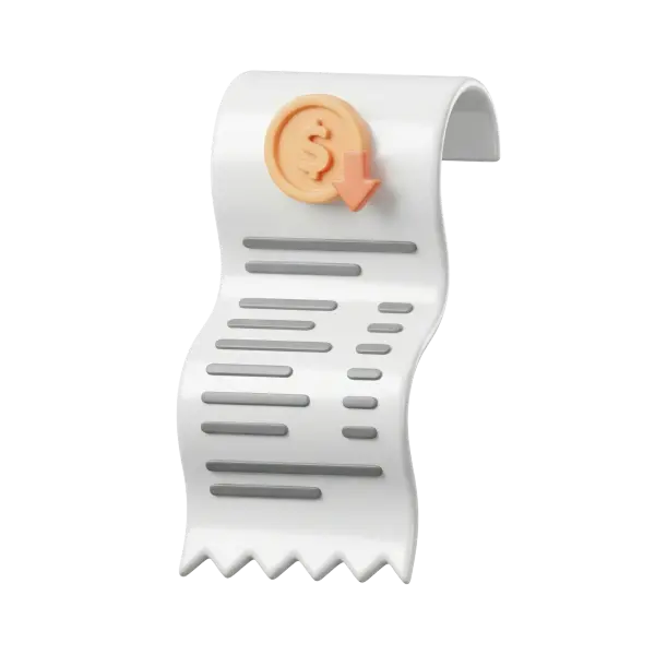 3D render of a curled white paper receipt with raised gray line items and a zigzag perforated bottom, topped by a peach coin icon showing a dollar sign and a downward arrow; smooth glossy plastic-like finish on a transparent background.