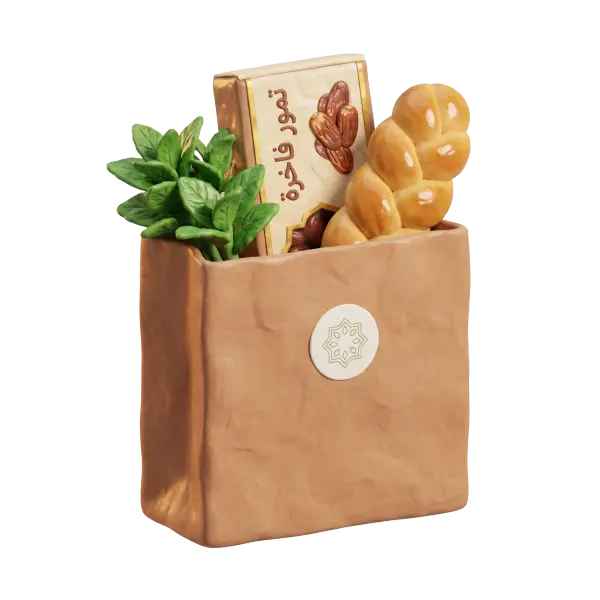 3D render of a brown kraft paper shopping bag filled with a glossy braided loaf, a decorative boxed dates package with Arabic lettering, and fresh green herbs; materials show a mix of matte paper and glossy food models. Isolated on a transparent background.