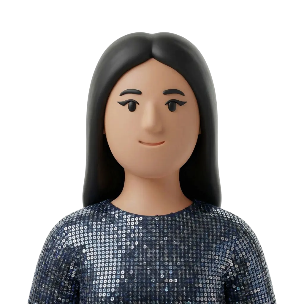3D portrait bust of a young woman with long straight black hair wearing a navy sequined top, winged eyeliner and a subtle smile, facing forward on a black background. No visible accessories or props.