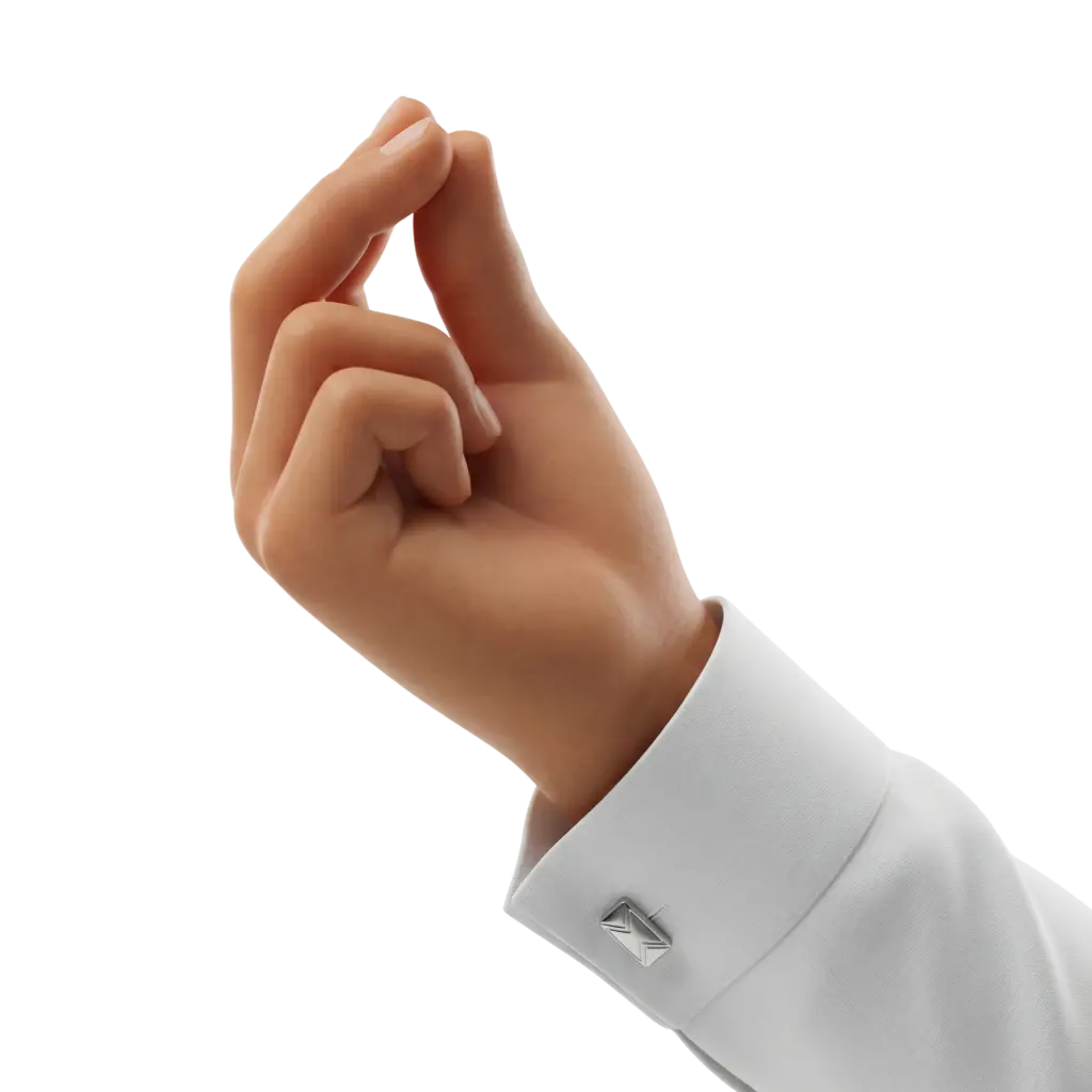 3D render of a photorealistic right hand making a subtle pinching 'patience' gesture, with lifelike skin texture and a matte finish, wearing a crisp white shirt cuff and a silver metallic cufflink; isolated on a transparent background.