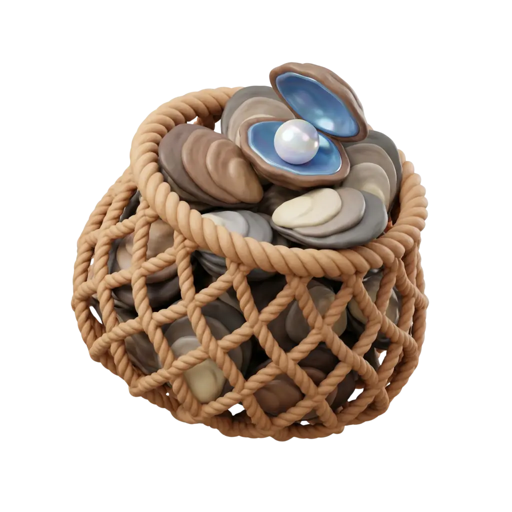 3D render of a woven rope basket filled with stacked clamshells and one open shell revealing a glossy pearl, shells in muted beige, gray and brown with mostly matte finish and a pearlescent blue interior. Isolated on a black background.
