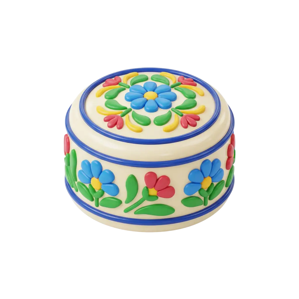 3D render of a small round lidded box in pearl-ivory color with a glossy ceramic-like finish, decorated with raised colorful floral motifs (blue, red, yellow, green) and blue trim, isolated on a black background.