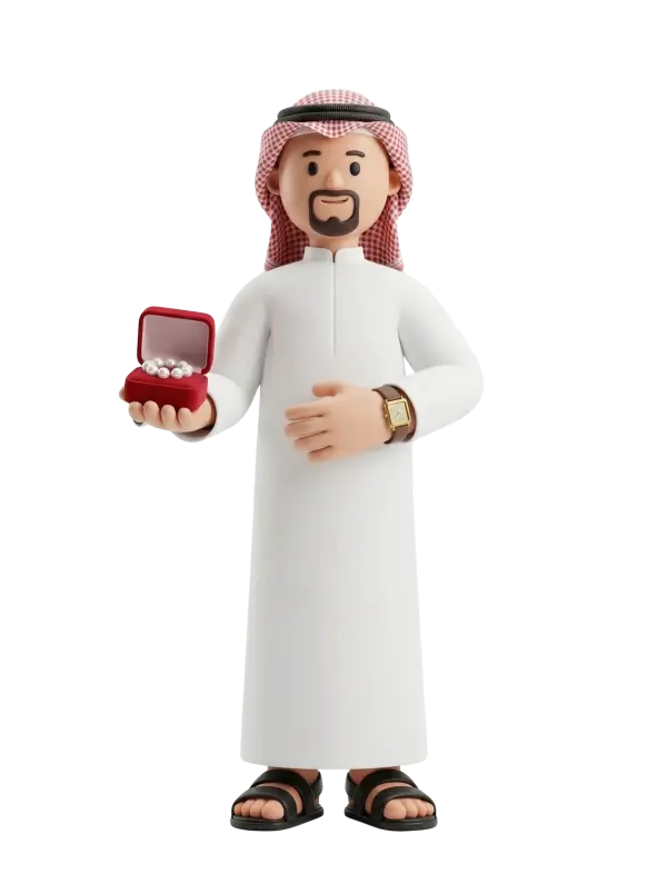 Full-body 3D character of a male Gulf pearl merchant wearing a white thobe and red-and-white checked ghutra with black agal, short beard and smiling expression, holding an open red jewelry box with several pearls, wearing a wristwatch and black sandals against a black background.