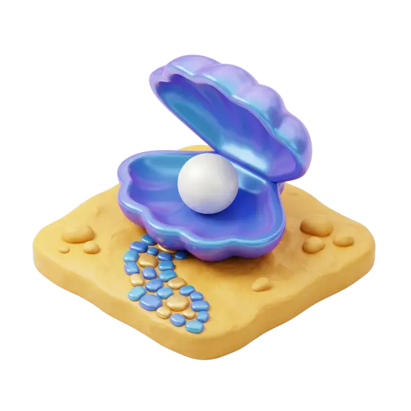 3D render of an open iridescent purple-blue clam shell with a single glossy white pearl inside, placed on a sandy yellow base with small blue and gold pebbles, on a transparent background.
