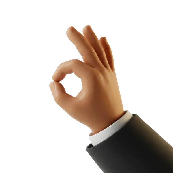 3D render of a stylized hand making an OK/perfect gesture with a smooth matte skin-like finish, wearing a black suit sleeve and white cuff, isolated on a solid black background.