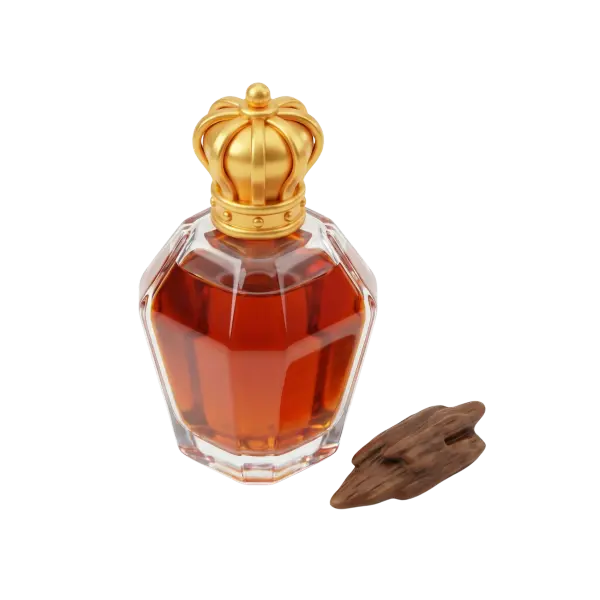 3D render of a faceted clear glass perfume bottle filled with amber liquid, topped with a decorative gold crown cap and a small piece of agarwood beside it. Isolated on a transparent background.