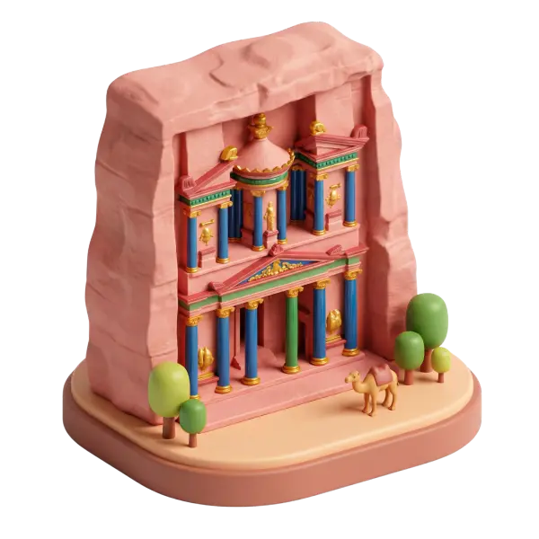 3D render of the Petra Treasury façade carved into a pink sandstone cliff, stylized with blue and green columns, gold ornamental details, and a matte clay-like finish; includes a rounded base with simplified trees and a camel. Background transparent.