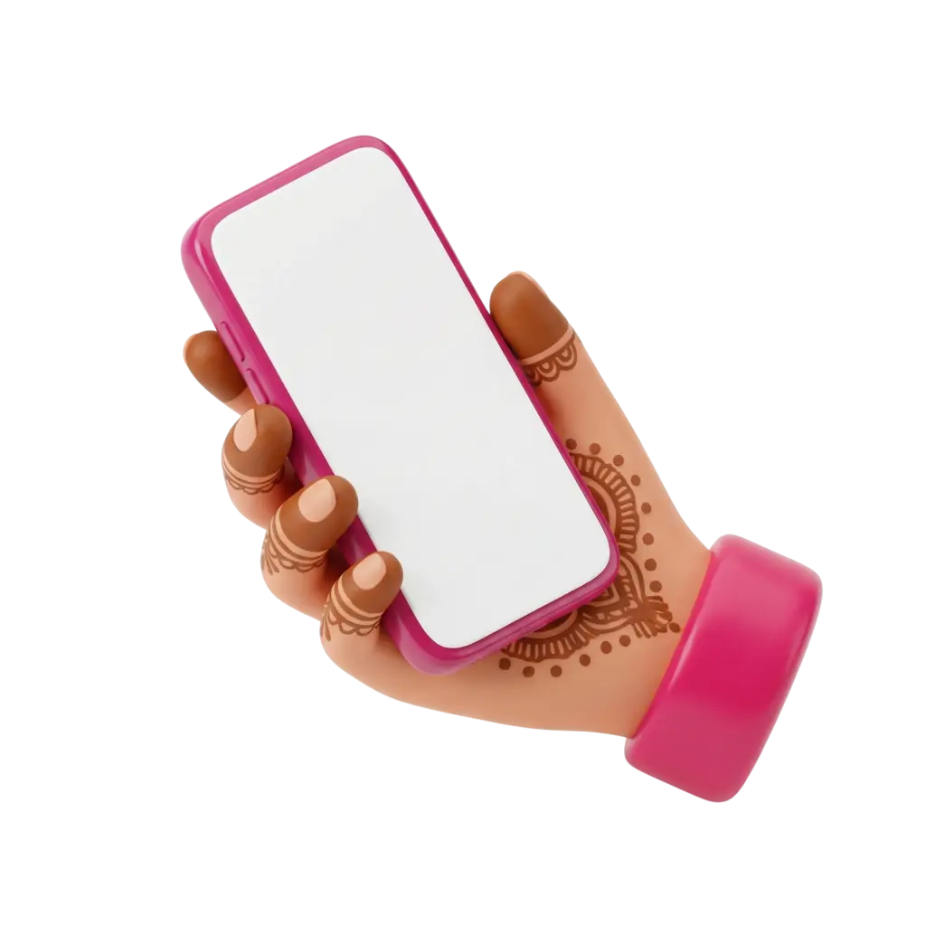 3D render of a stylized hand holding a pink-cased smartphone with a blank white screen, matte skin finish and glossy pink bracelet, detailed henna (mehndi) patterns on the fingers and back of the hand. Isolated render on a transparent background.