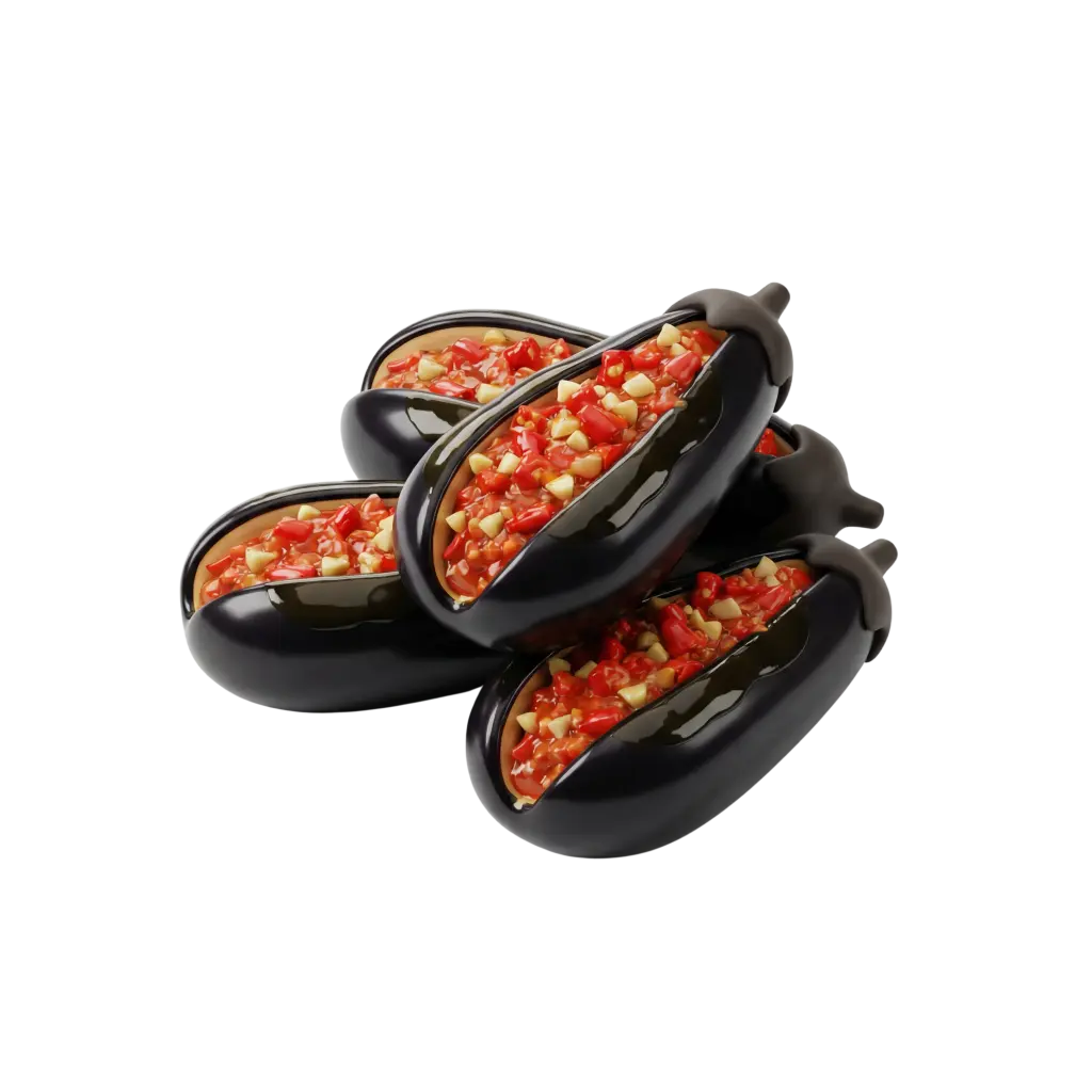 3D render of stacked glossy eggplants split open and stuffed with a bright red diced pepper and pale garlic pickled mixture, showing shiny dark purple skin and wet textures. Isolated on a black background with crisp reflections and no props.
