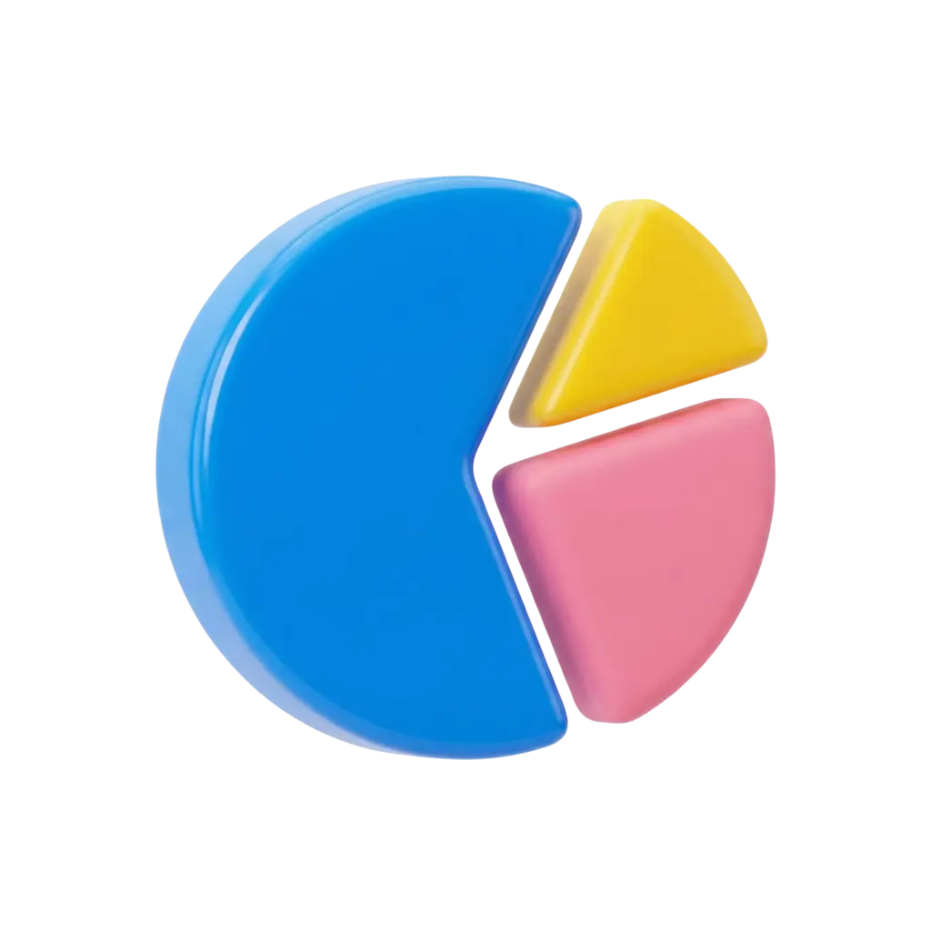 3D render of a glossy segmented pie chart with three rounded plastic-like slices in blue, pink and yellow, slightly separated and floating against a black background.
