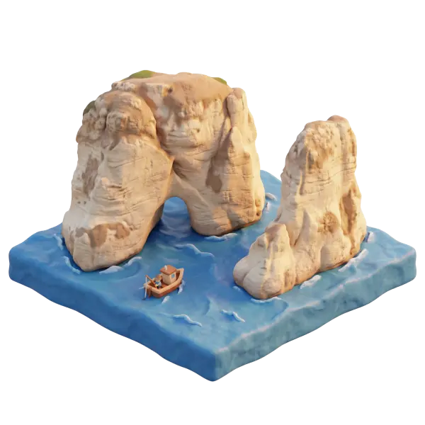 3D clay-style depiction of Pigeon Rocks (Raouche), two beige limestone sea stacks with a prominent natural arch rising from blue Mediterranean water and a small fishing boat nearby. Soft warm lighting, gentle waves, and an isolated transparent background emphasize the stylized, hand-sculpted look.