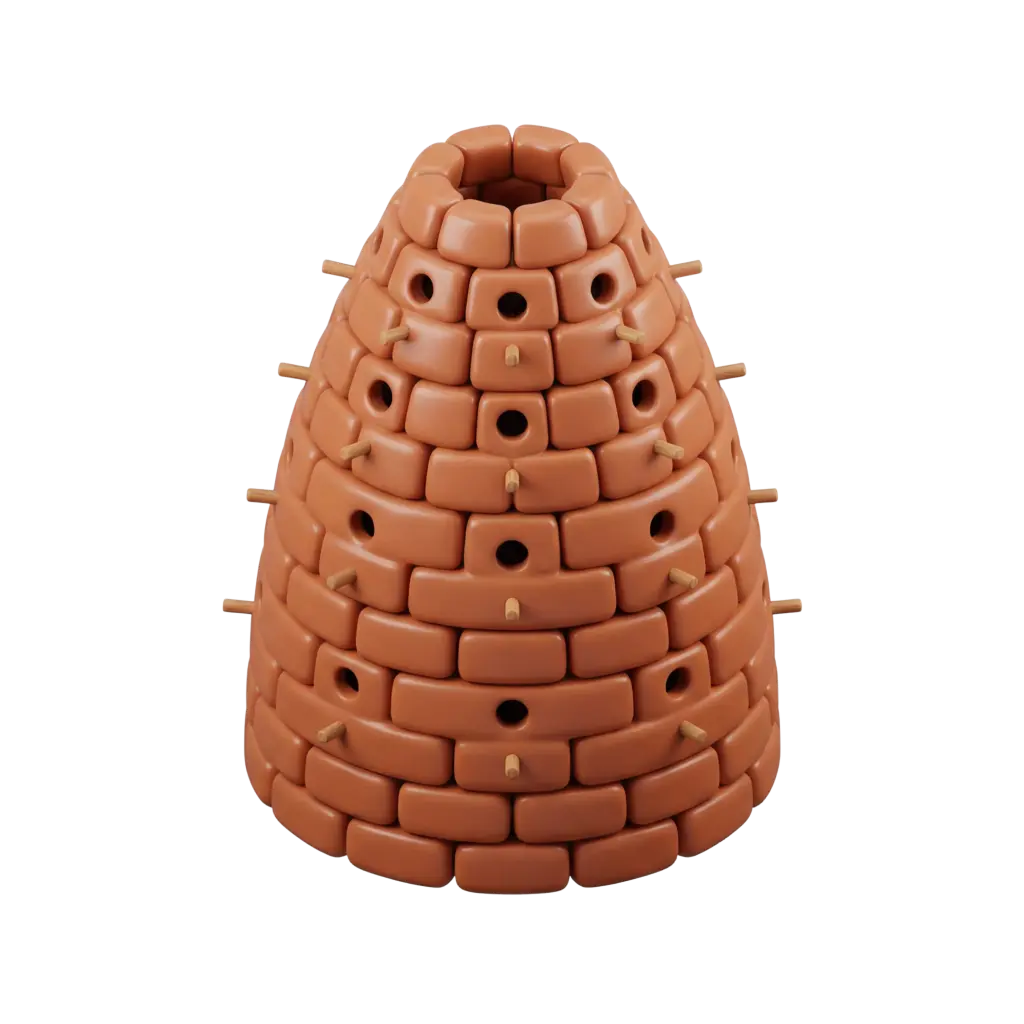 3D render of a terracotta pigeon tower (borj hamam) with a beehive silhouette made of stacked brick-like modules, circular nesting holes and small wooden perches, matte clay finish on a black background.