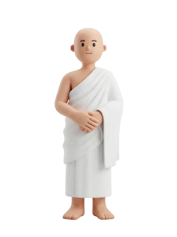 Full-body 3D character of a male pilgrim wearing white ihram draped over the shoulder, shaved head, bare feet, hands gently folded and a soft smile, standing against a black isolated background.