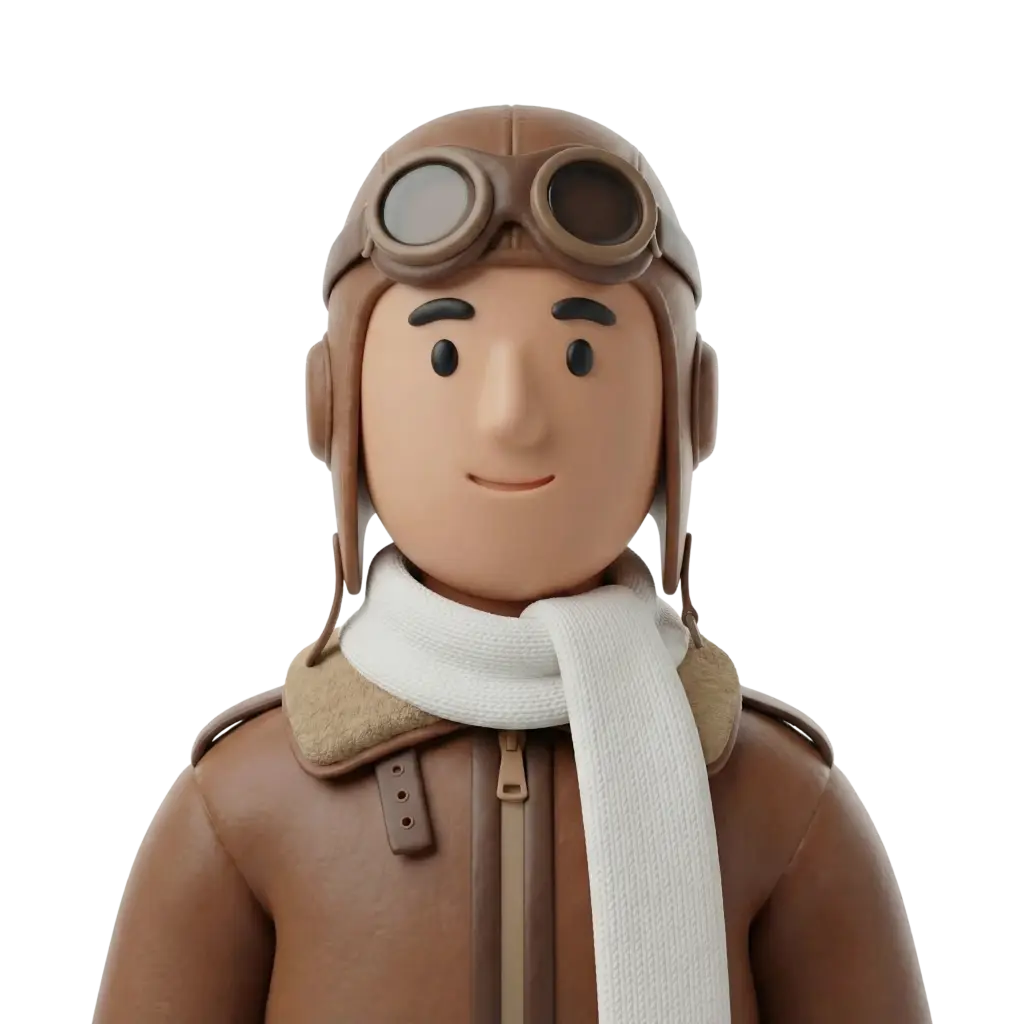 3D portrait bust of a male pilot wearing a brown leather aviator helmet with goggles, a brown leather jacket with a shearling collar and a white knit scarf, simple black-dot eyes and a gentle smile. Facing forward in a neutral pose on a transparent background.