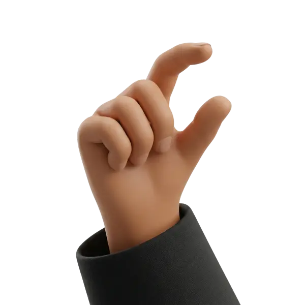 3D render of a stylized human hand making a pinch gesture, light brown matte skin with short natural nails and a dark gray fabric sleeve, isolated on a transparent background.