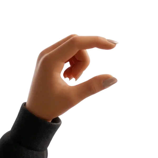 3D render of a stylized hand making a pinch gesture, skin-tone matte finish with subtle glossy beige nails and a dark grey textured fabric sleeve; isolated render on a black background.