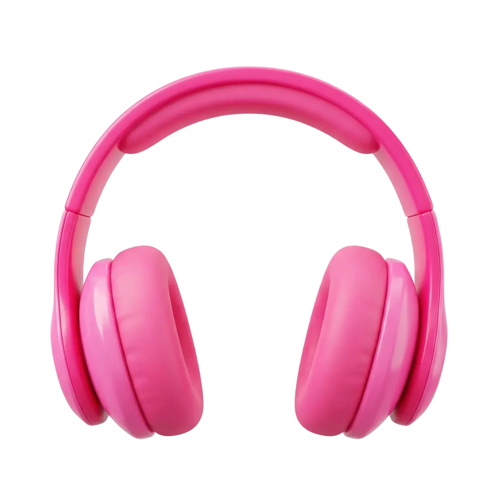3D render of pink over-ear headphones with rounded cushioned ear cups, plush leatherette padding and a smooth glossy plastic headband, isolated on a transparent background.