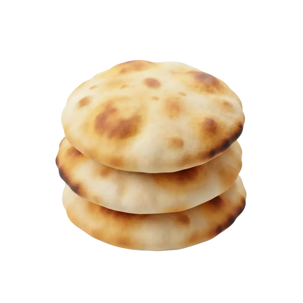 3D render of a stack of three pita breads (khubz) with golden-brown charred spots and a soft, puffed texture, isolated on a black background.
