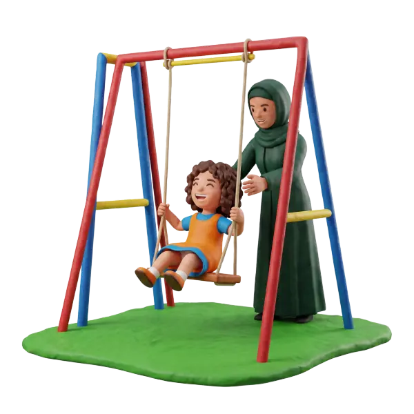 Full-body 3D scene of a child in an orange dress laughing on a playground swing while a woman in a green hijab and abaya gently pushes from behind; red, blue and yellow swing frame sits on a green grassy base against a black background.
