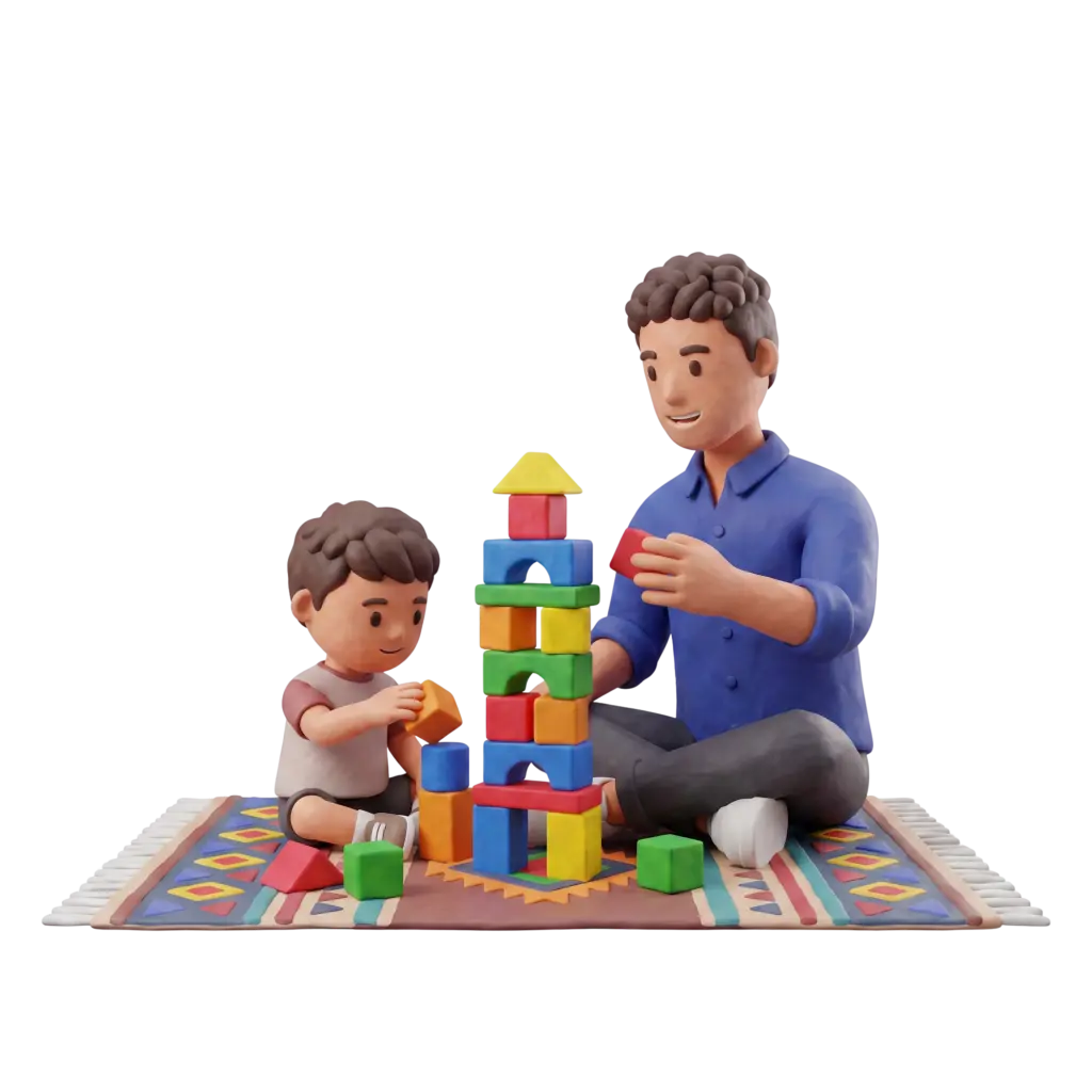 Full-body 3D scene of a father and a young boy playing on a patterned rug while stacking a colorful tower of toy blocks; the father wears a blue shirt and the child wears a white and red t-shirt, both interacting with the blocks and sitting on a playmat. Background is solid black.
