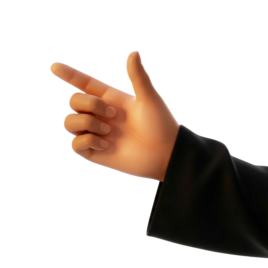 3D render of a stylized pointing hand in skin tone with a smooth matte finish, short rounded nails and a black sleeve, isolated on a black background.
