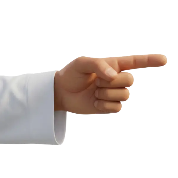 3D render of a right-pointing human hand with natural skin tones, matte skin shading and short trimmed nails, wearing a white long sleeve; isolated on a transparent background.