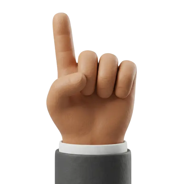 3D render of a stylized pointing-up hand with a warm matte skin-tone finish, visible fingerprint creases, and a dark gray sleeve with a white cuff on a transparent background.