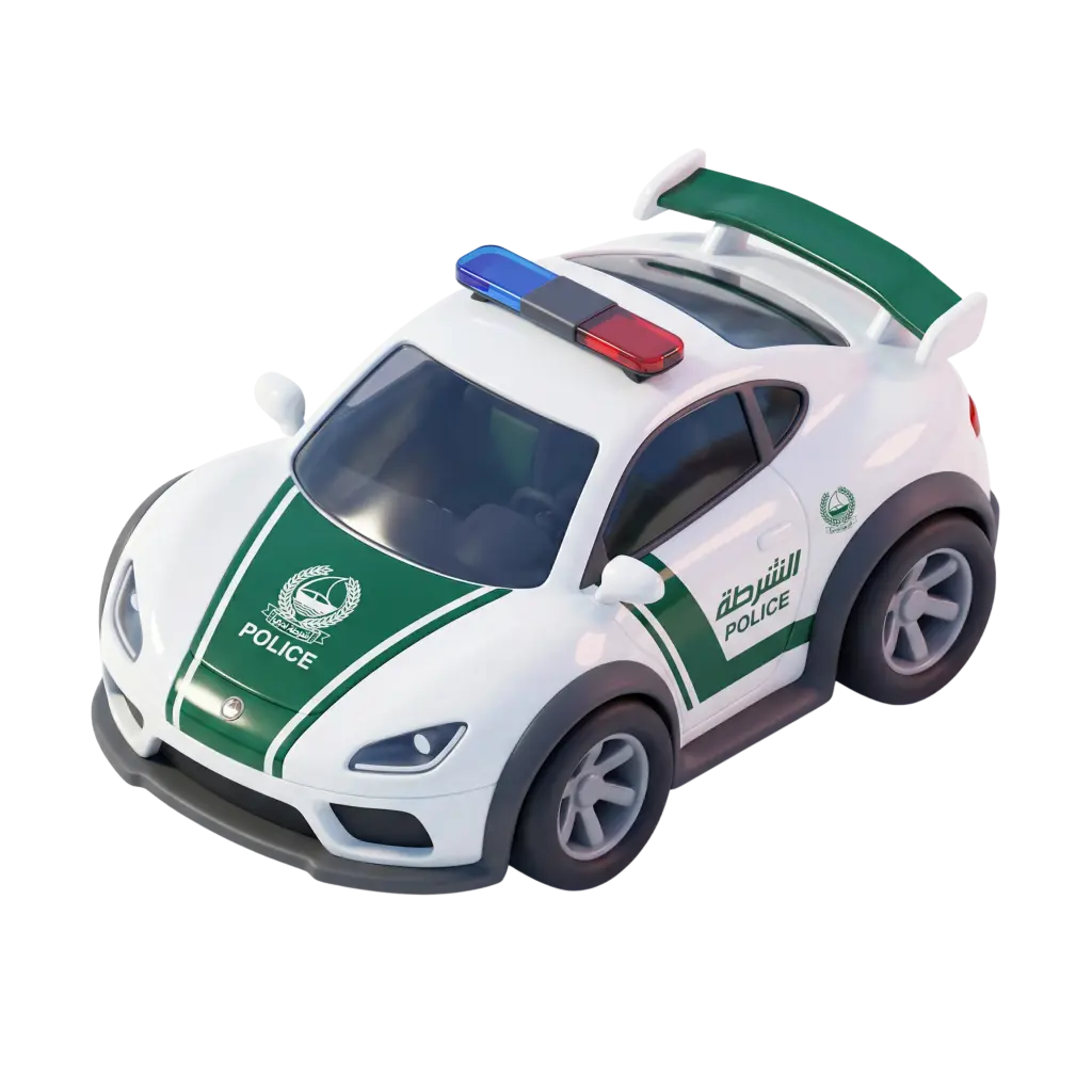 3D render of a compact glossy white sports-style police car with green livery stripes, Arabic 'الشرطة' and English 'POLICE' decals, red-and-blue rooftop light bar, large green rear spoiler and matte black wheel arches. Isolated render on a transparent background.