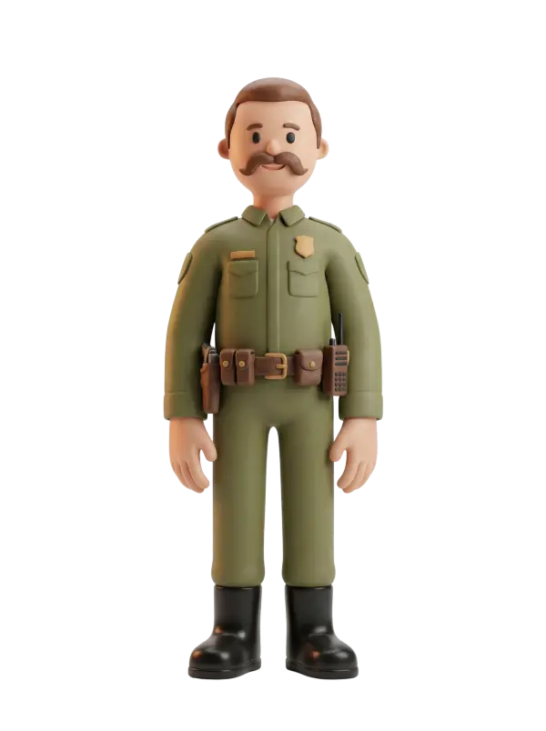 Full-body 3D character of a male police officer wearing an olive-green uniform with a gold badge, utility belt with radio and pouches, black boots, and a brown mustache, standing in a neutral pose against a transparent/black background.