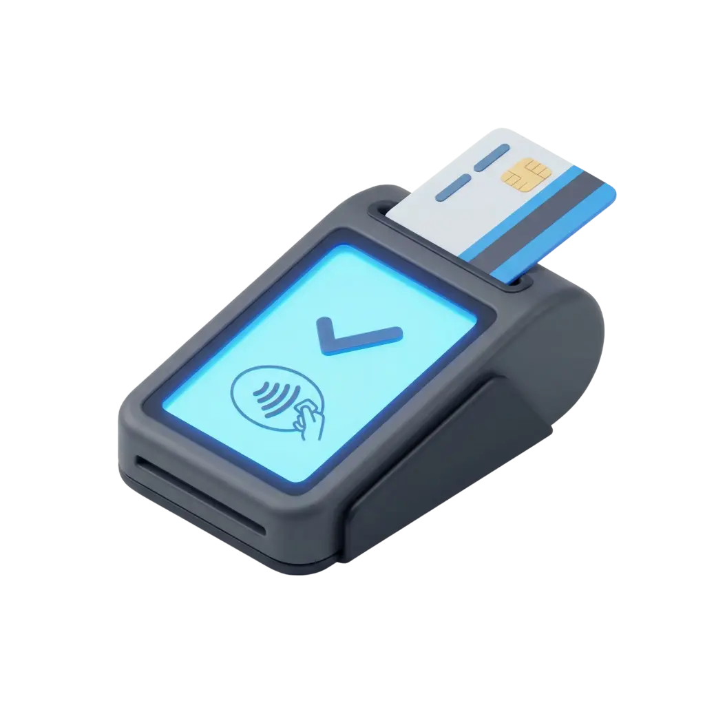 3D render of a compact countertop POS payment terminal with a matte dark-gray plastic body, bright blue touchscreen showing a contactless icon and a check mark, and a chip card partially inserted at the top. Isolated on a black background.
