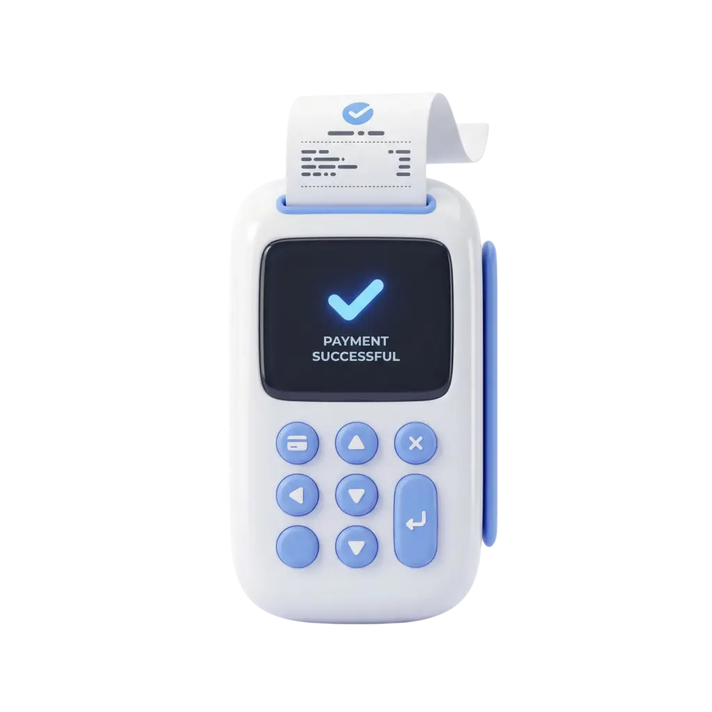3D render of a compact handheld POS terminal with a glossy white plastic body, matte light-blue rubber buttons and a small glossy black display showing a blue check mark and “PAYMENT SUCCESSFUL”; a thermal receipt peeks from the top. Isolated on a dark/black background.