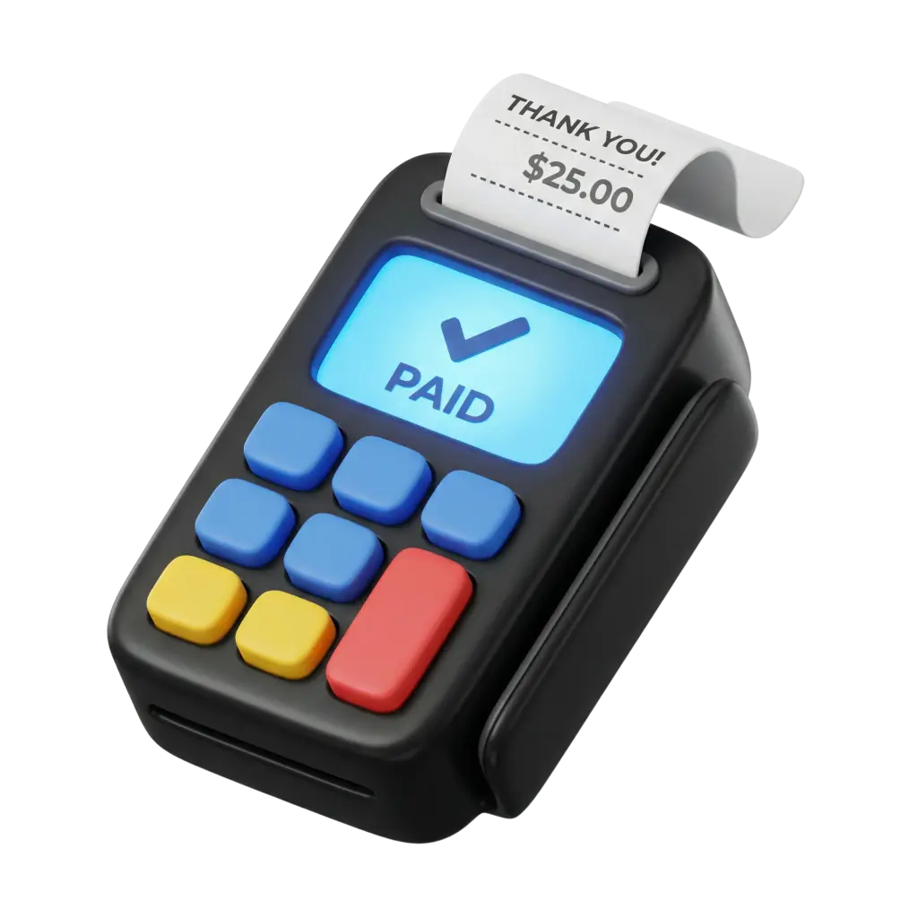 3D render of a compact POS terminal with a matte black plastic body, rounded colorful keys in blue, yellow and red, a bright blue display showing "PAID" with a checkmark, and a curled thermal receipt printed with "$25.00". Isolated on a transparent background.