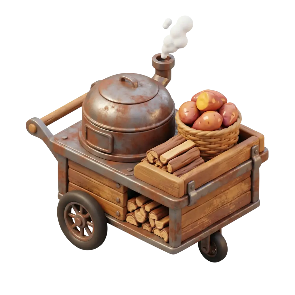 3D render of a rustic potato cart with a round metal kettle emitting steam, a woven basket of potatoes, stacked firewood and wooden planks held by rusty metal brackets; materials show matte wood, oxidized metal and slightly glossy produce on a transparent background.