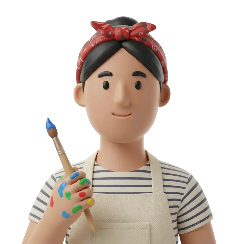 3D portrait bust of a young male pottery artisan wearing a red patterned bandana, black hair, striped shirt and beige apron, holding a paintbrush with blue paint and colorful paint smudges on his hand; neutral smile, isolated on black background.