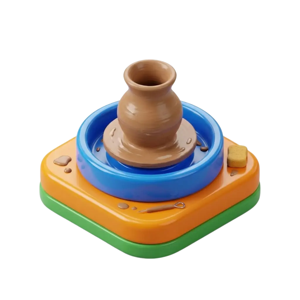 3D render of a stylized pottery wheel with a glossy plastic base (green and orange), a blue splash pan, and a wet brown clay vase on the spinning plate; includes a small sponge and shaping tool on a transparent/black background.