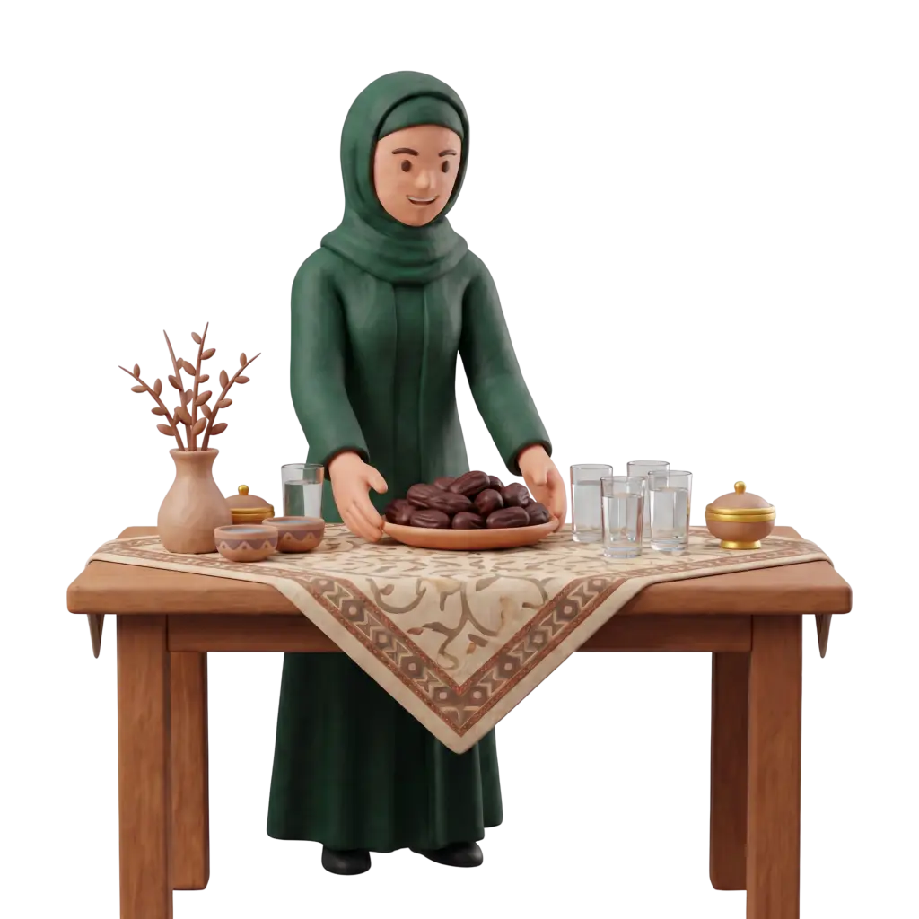 Full-body 3D scene of a single female wearing a green hijab and matching dress arranging a plate of dates on a patterned tablecloth with glasses, ceramic bowls, a vase and covered dishes; warm clay-style 3D render on a black background.