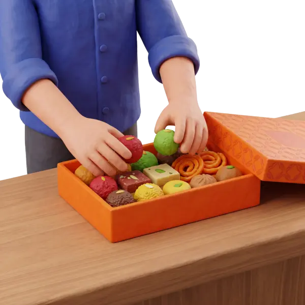 3D render of a single person (torso and arms visible) wearing a blue buttoned shirt with rolled sleeves arranging colorful round sweets and pastries into an orange patterned gift box on a wooden table against a black background.