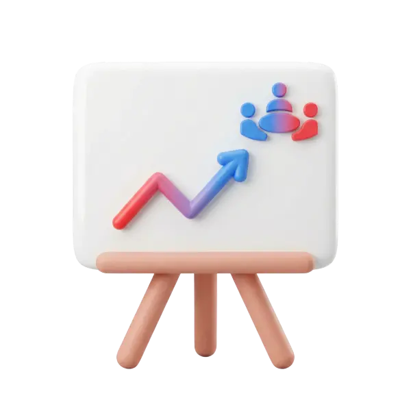 3D render of a white rectangular presentation board with rounded corners mounted on a peach tripod easel, matte plastic finish, decorated with a pink-to-blue gradient zigzag arrow pointing upward and small red and blue user icons; isolated on a transparent background.