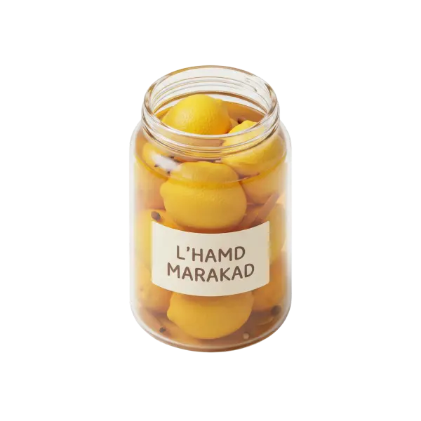 3D render of a clear glass jar filled with whole preserved lemons in amber brine, with visible cinnamon sticks and cloves and a cream label reading "L'HAMD MARAKAD"; isolated on a black background.