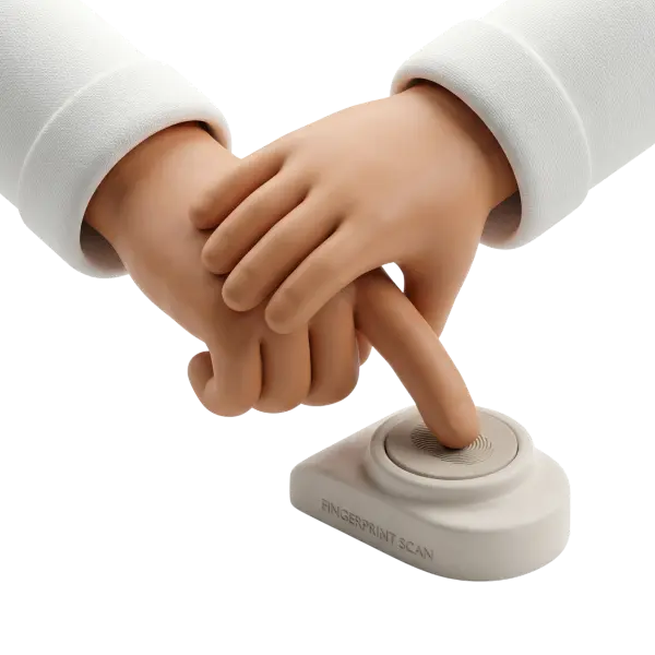 3D render of stylized hands pressing a circular fingerprint-style button on a small matte plastic base, soft skin-tone finish and white fabric sleeves, isolated on a transparent background.