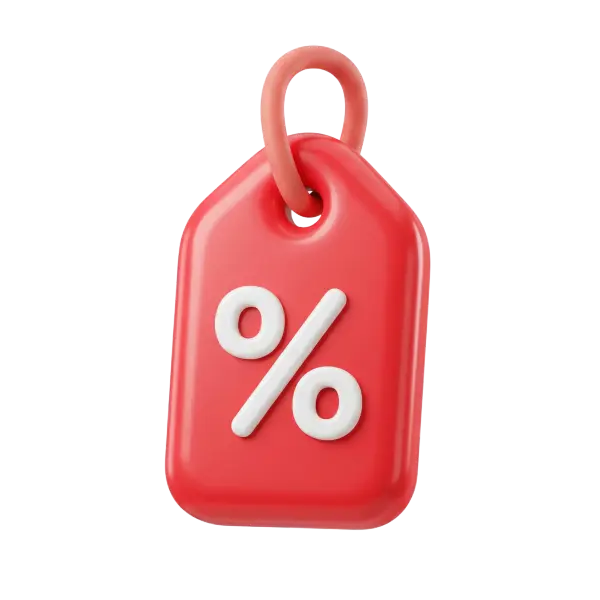 3D render of a glossy red price tag with a white percent symbol and a soft pink loop, isolated on a transparent background.