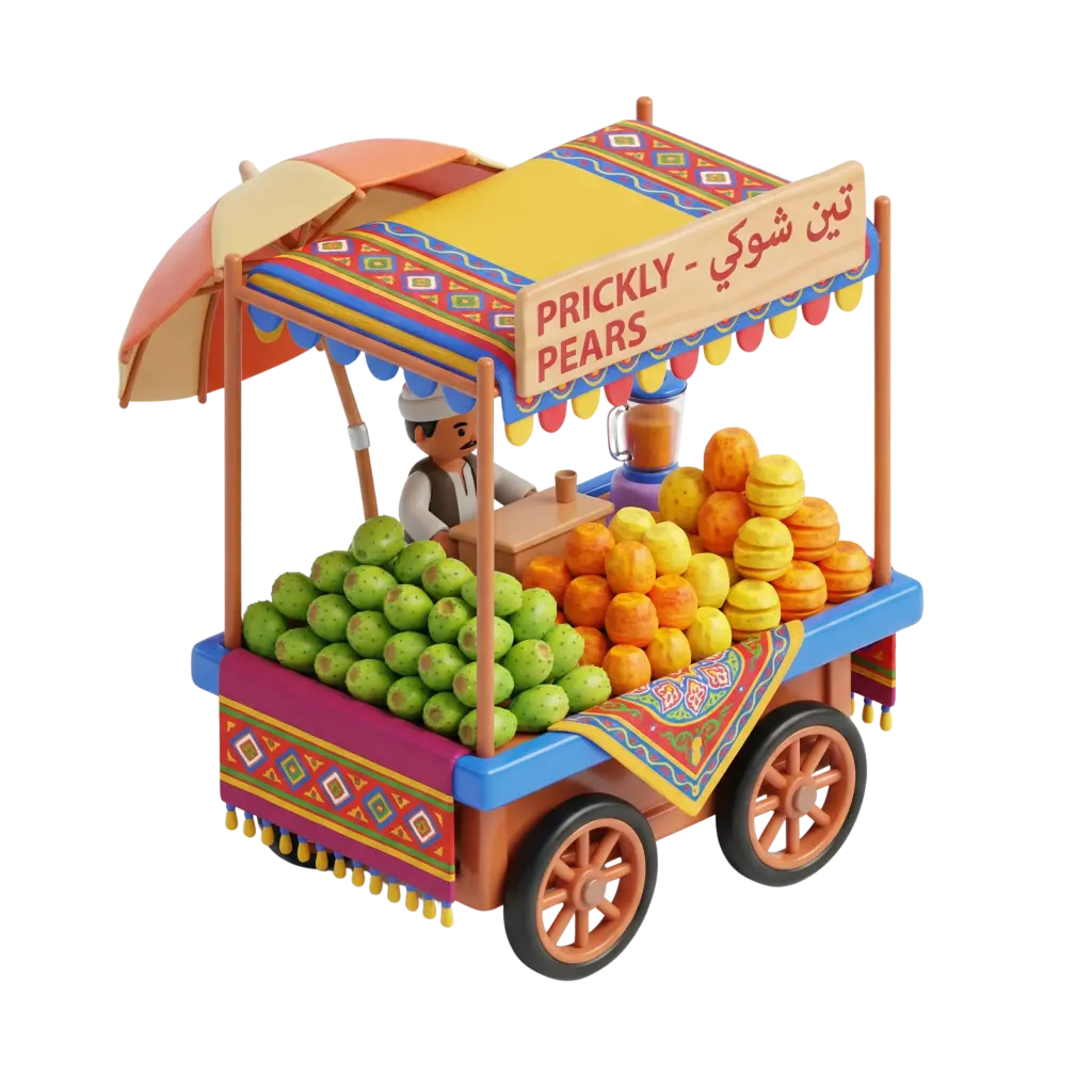 3D render of a colorful street fruit cart piled with green and orange prickly pears, patterned textile canopy, wooden wheels and a stylized vendor figure; matte plastic finish, transparent background.