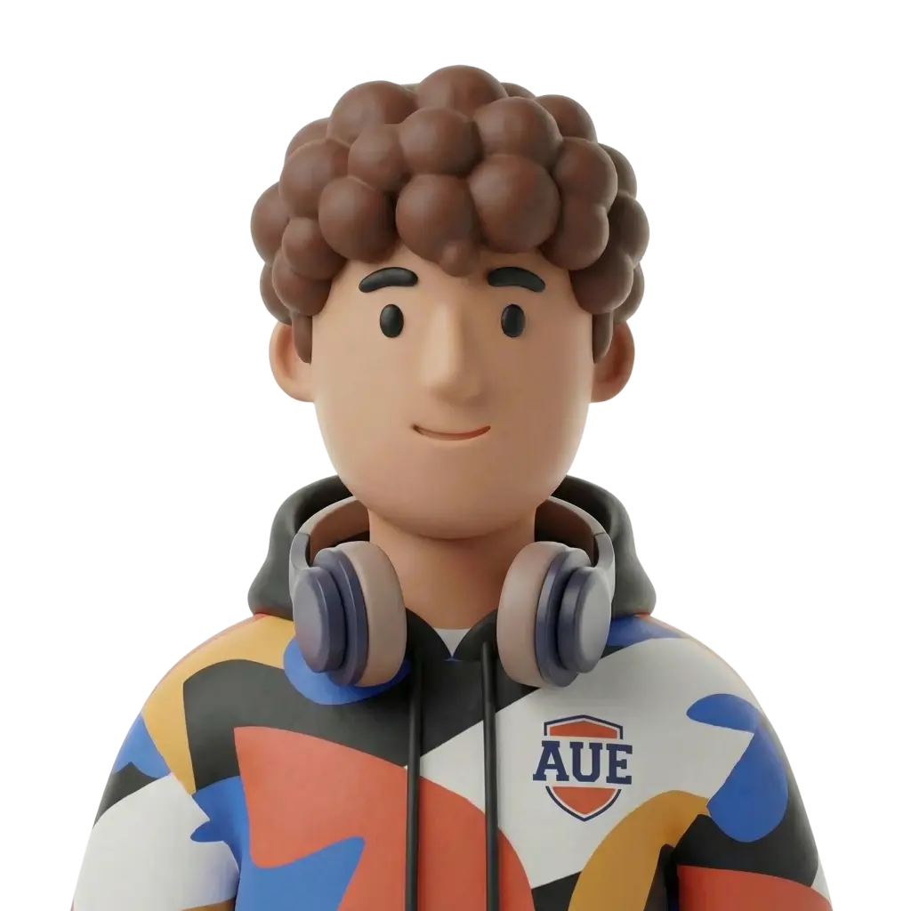 3D portrait bust of a young male university student with curly brown hair, wearing a colorful patterned hoodie with an AUE logo and grey headphones resting around his neck, neutral smile and raised eyebrows, isolated black background. Simple, friendly pose with a modern casual look.
