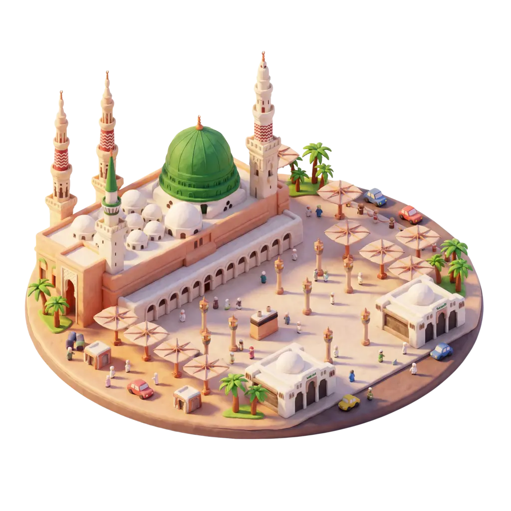 3D render of the Prophet's Mosque with its iconic green dome and multiple minarets, surrounded by umbrella shades, palm trees and small vehicles on a circular base. Clay-style materials and warm pastel tones, presented in an isometric elevated perspective with soft studio lighting on a black background.
