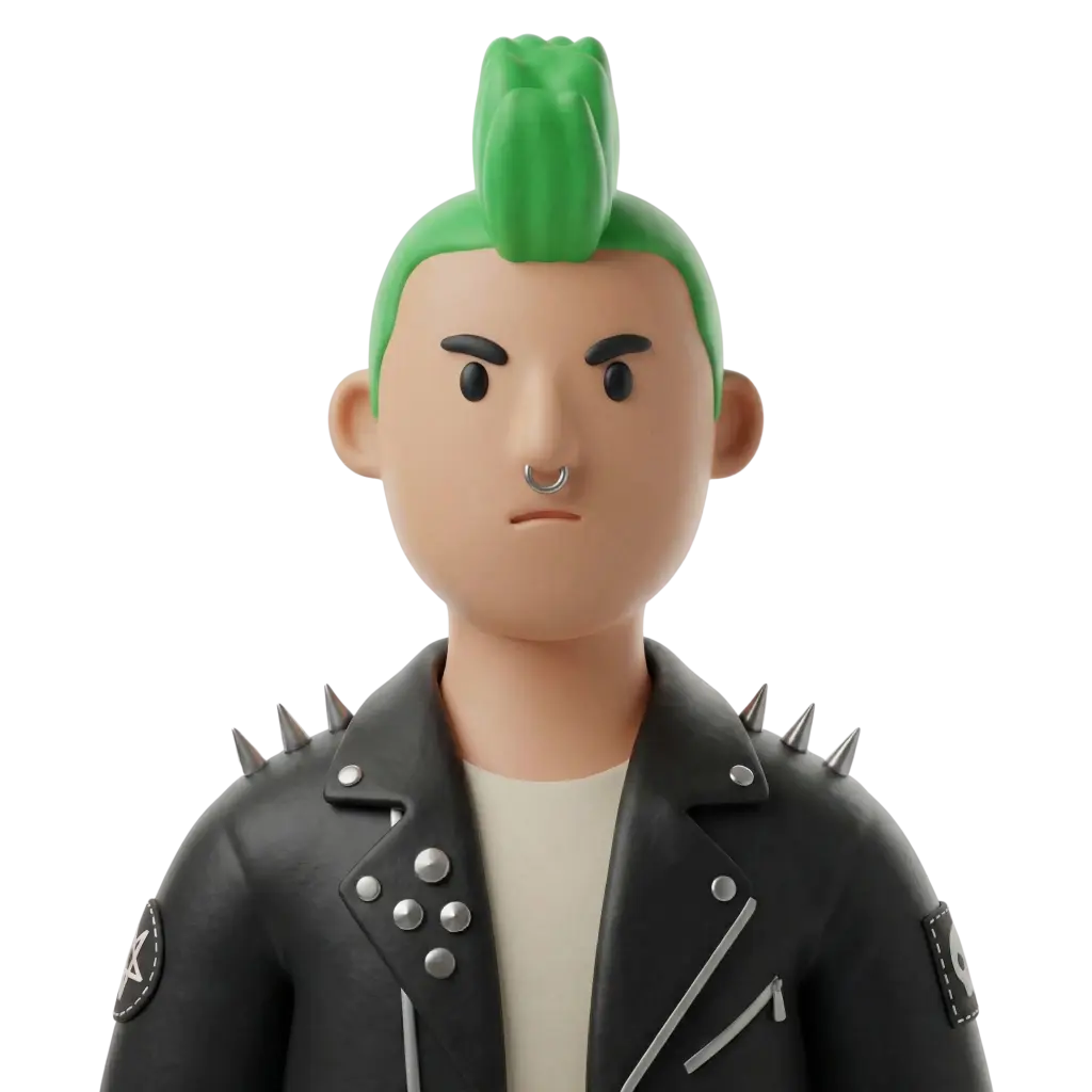 3D portrait bust of a young male punk with a bright green mohawk, silver septum nose ring, black studded leather jacket with shoulder spikes, neutral serious expression, facing forward against a black isolated background.