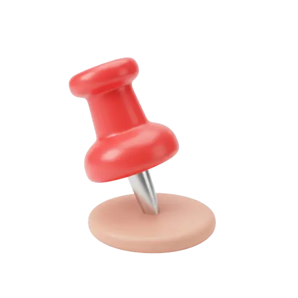 3D render of a red glossy plastic push pin with a metallic silver point, shown pressed into a beige circular surface on a transparent background.