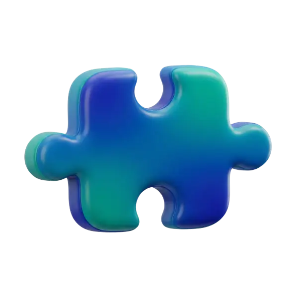 3D render of a single rounded puzzle piece in a blue-to-teal gradient with a glossy plastic finish and soft beveled edges, isolated on a transparent background.