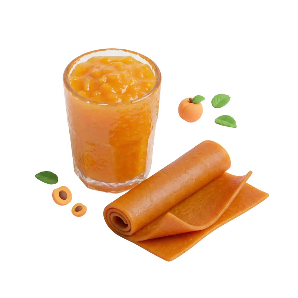 Close-up of a glass filled with thick orange apricot purée next to rolled apricot fruit-leather sheets and small apricot slices with green leaves on a black background. The purée and leather show a glossy, textured surface and are isolated on a transparent black backdrop.